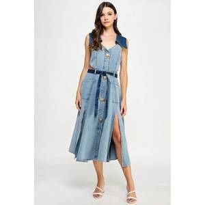 NEW PASTEL DESIGN denim belted midi dress in blue